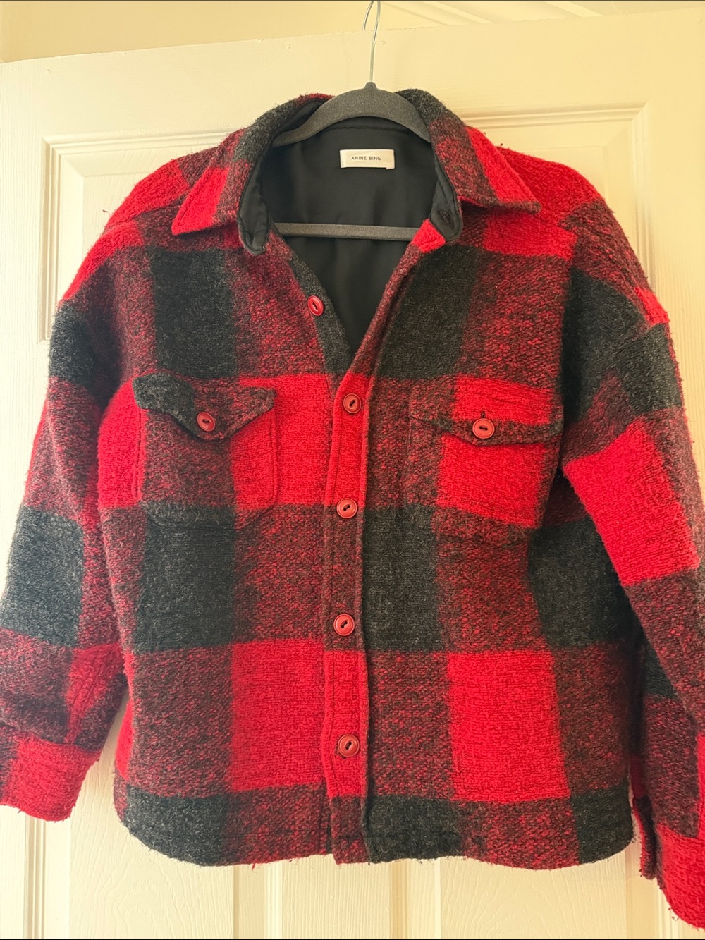 Anine Bing Red and Black Plaid Button-Up Jacket